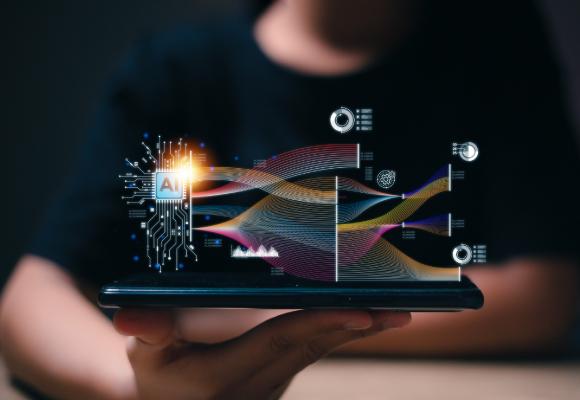 Person presenting a virtual screen with big data and business applications integrated with AI.